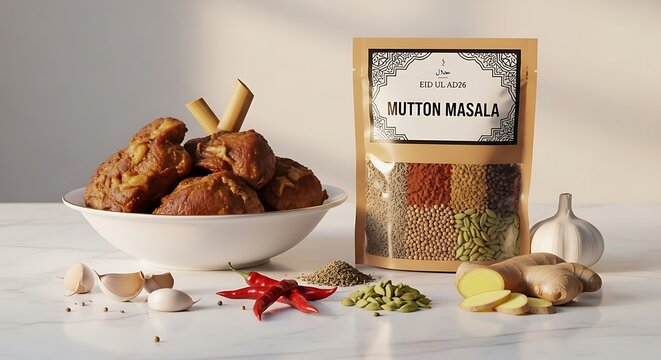 Traditional mutton masala spice blend with aromatic ingredients and cooked meat
