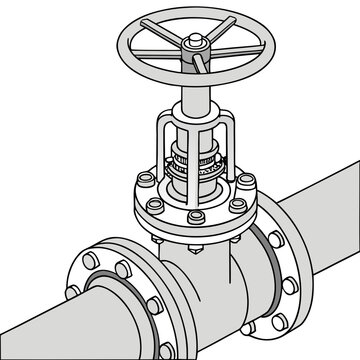 Industrial pipeline gate valve and flange connection line art illustration for oil gas and water management engineering with pipeline industrial engineering plumbing pressure mechanism handwheel