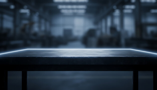 Futuristic Metal Podium with Blue Neon Edge in a Blurred Industrial Factory Setting