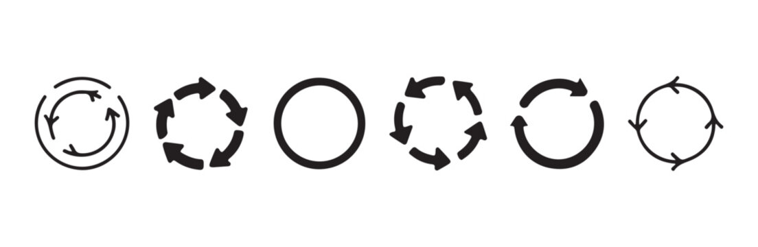 Circular arrow icons collection of black hand drawn recycling symbols on white background
