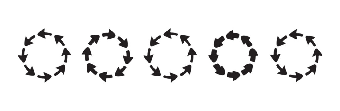 Arrow icons arranged in circles showing rotation and cyclical movement on white
