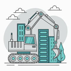 Naklejka premium Construction excavator working on a building site with skyscrapers heavy equipment flat design civil engineering excavator construction building industry development machinery engineer