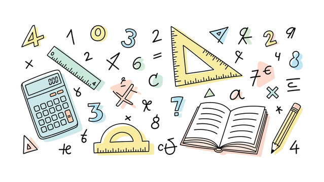 Educational Illustration: A colorful array of math elements, including numbers, a calculator, a ruler, a protractor, a triangle, a pencil, and an open book, forms a creative and inspiring visual aid