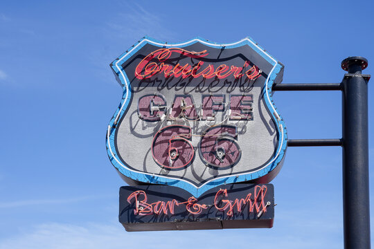 Williams, Arizona - March 28, 2026: Sign and outdoor patio at Cruisers Cafe 66 Bar and Grill restaurant on Route 66