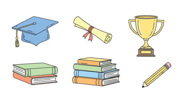 Academic Essentials: A collection of meticulously drawn educational elements including a graduation cap, diploma, trophy, books, and pencil, all presented with a clean aesthetic.