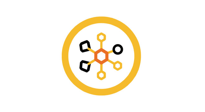 Yellow and black molecular structure symbol.
