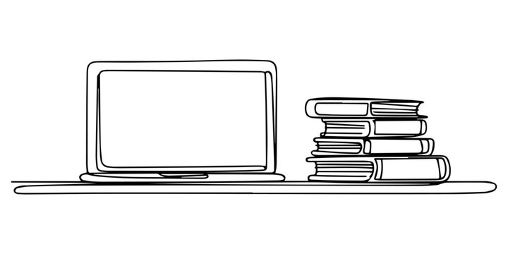 One continuous line drawing of computer laptop and books stack. Study space desk concept. Single line draw design vector illustration, One continuous line drawing of stack of books line up with comput