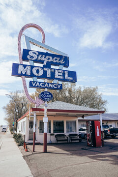 Seligman, Arizona - March 28. 2026: Old neon sign for the Supai Motel along famous Route 66