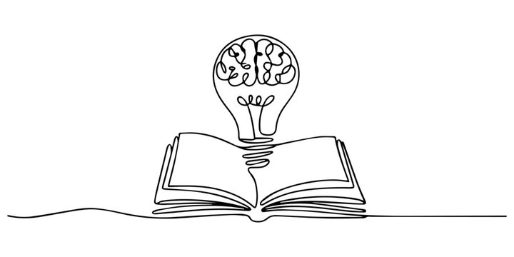 One single line drawing of shining light bulb with human brain above open text book logo identity, One single line drawing of light bulb with human brain above open text book logo identity. continuous