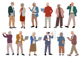 Fototapeta premium Cartoon style elderly people in casual attire. Each figure holds a device or accessory. They show various gestures, like talking, reading, or walking. Vector illustration on transparent background