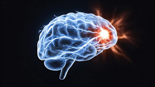 Detailed 3D CGI Medical Animation of the Human Brain With Highlighted Neural Activity and Electrical Impulses on a Dark Background Illustrating Brain Functionality for Educational Purposes