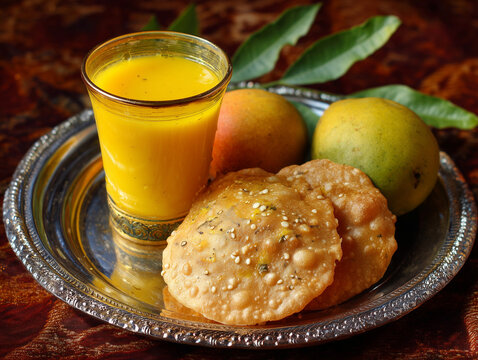 fresh indian gujarati lunch or dinner food recipe mango juice or mango pulp with puri known in iindia as aamrus,rus puri made with totapuri, kesar or alphonso mango fruit