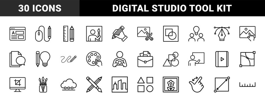 Minimalist graphic design and creative tool outline icon collection