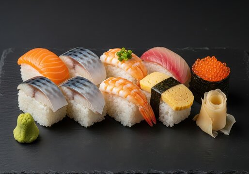 Assorted nigiri sushi platter with salmon, mackerel, shrimp, and roe