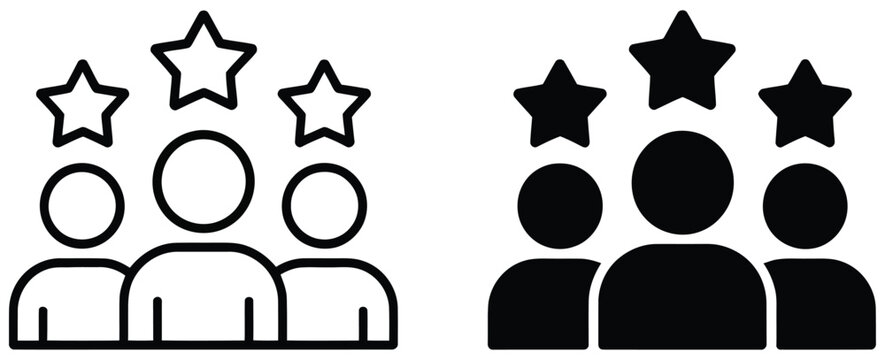 Team success and customer rating icons featuring people silhouettes with stars set of user experience and human resources symbols, employee performance review and customer satisfaction concept vector