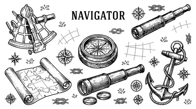 Vintage Nautical Navigation Tools Collection, Engraved Vector Illustration of Sextant, Compass, Spyglass, Anchor, and Map for Maritime Exploration