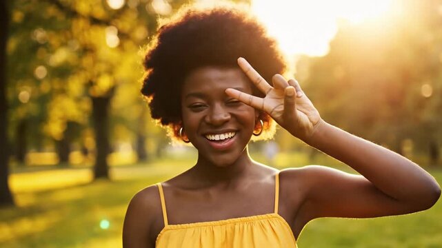 Happy Woman Making Peace Sign in Nature