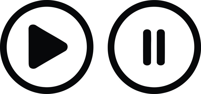 Black play and pause buttons representing media control interface elements for digital audio video player applications
