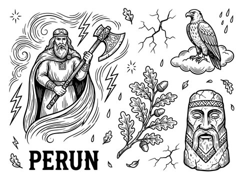Slavic Mythology Vector Illustration Set Featuring Perun God of Thunder with Battle Axe Eagle Oak Branch and Stone Idol Totem