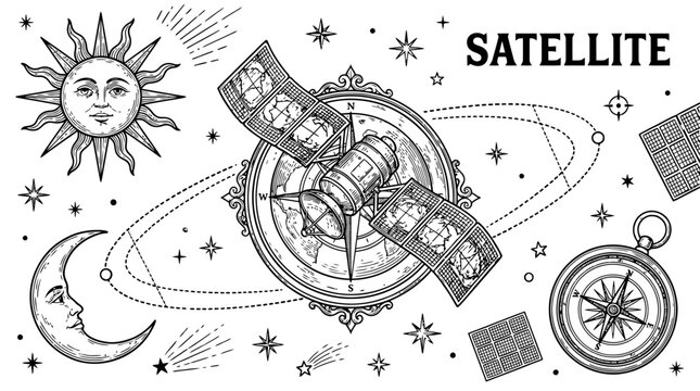 Celestial Space Exploration Vector Illustration featuring Sun, Crescent Moon, Stars, Compass, and Orbital Satellites in Minimalist Outline Style on Black Background