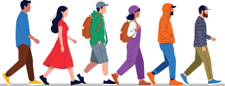 Diverse group of young people walking together in casual outfits with backpacks for travel adventure or urban lifestyle concept flat vector illustration