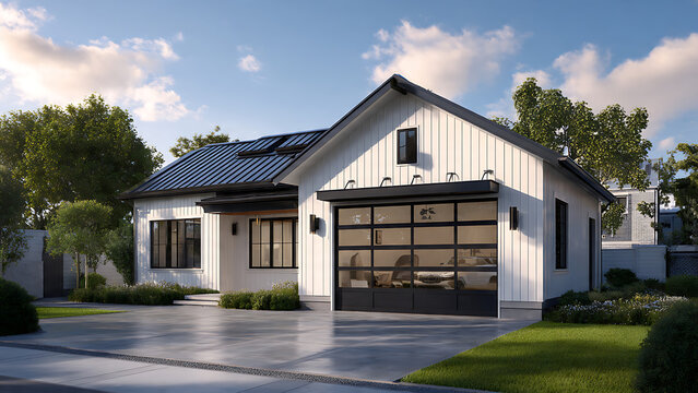 Modern detached garage with farmhouse style and glass door