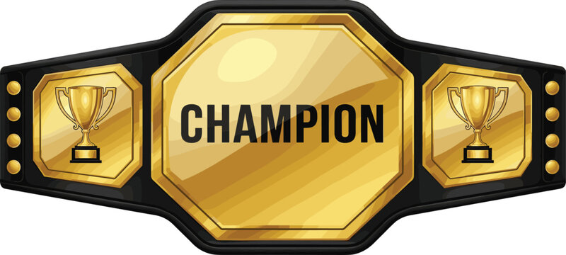 Golden championship belt with trophy icons for sports competition winner victory award and martial arts tournament success isolated vector illustration