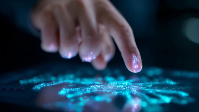 Scientist touching digital screen interface with biological data. Researcher interacting with holographic medical hologram. Future genetic engineering research technology.
