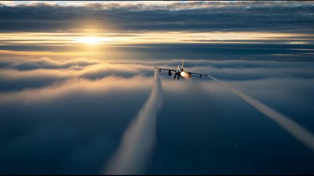 Fighter jet flying through clouds at sunset, leaving contrails, engine flames visible
