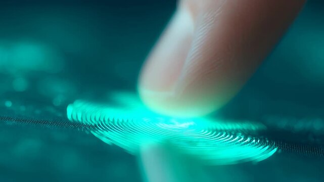 Finger scanning on a secure biometric touch screen. Human finger unlocking digital device with glowing light. Medical identification and secure data technology.