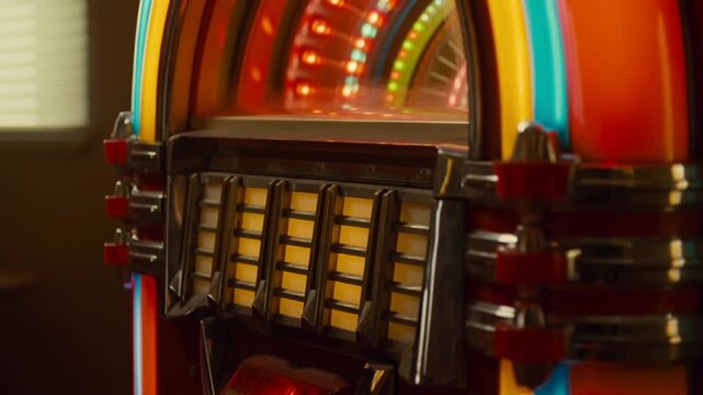 Slow tracking pan of vintage jukebox with rotating lights inside retro diner interior evening cozy atmosphere