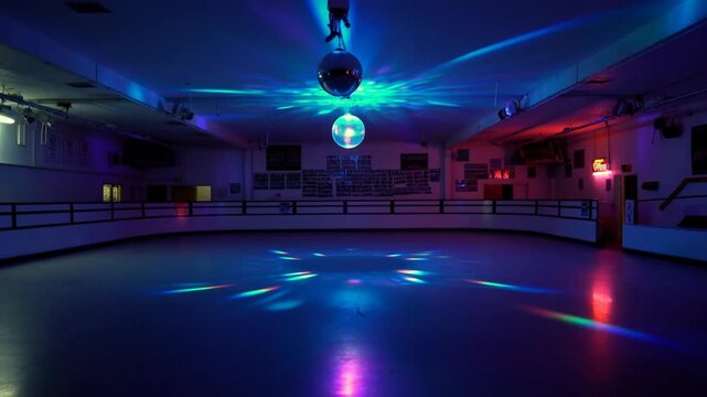 Static shot of empty roller rink with disco ball rotating and colorful light reflections sweeping across polished floor inside retro indoor skating rink