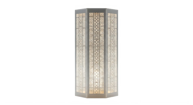 Elegant silver octagonal lamp shade with intricate pattern and soft glowing light transparent background