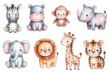 Obraz premium Watercolor safari baby animals set with zebra elephant lion giraffe and tiger characters.