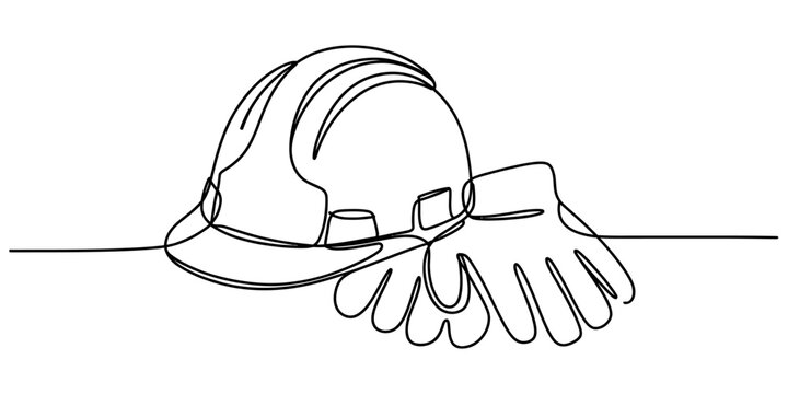 A continuous line drawing of a construction hard hat and a pair of protective work gloves set Vector, illustration