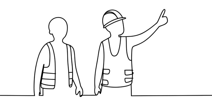 Continuous line drawing of two construction workers in safety vests looking at a building site Vector, illustration