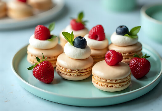 A plate holds several macarons topped with whipped cream and fresh fruits. The macarons are paired with strawberries and blueberries. The light blue background gives a fresh feeling.