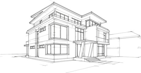 Modern architectural building sketch contemporary villa house exterior design with geometric lines luxury residential property drawing illustration blueprint concept