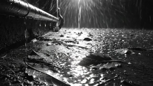 Rain falling on wet pavement near a metal pipe with leaves creating a serene, black and white scene at night
