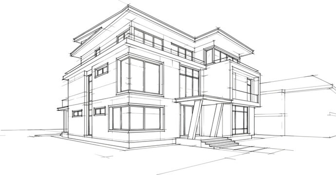 Modern architectural building sketch contemporary villa house exterior design with geometric lines luxury residential property drawing illustration blueprint concept