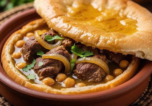 Hearty beef and chickpea stew served in a fresh bread bowl