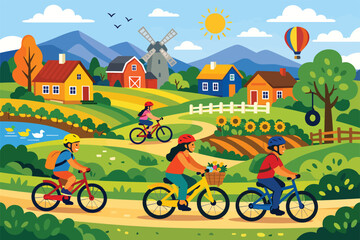 Fototapeta premium Happy Family Cycling Through Colorful Countryside Village