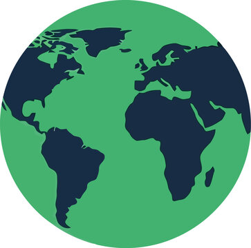 Green earth globe with dark blue continents, representing global world map, international travel and geography concept, on transparent background