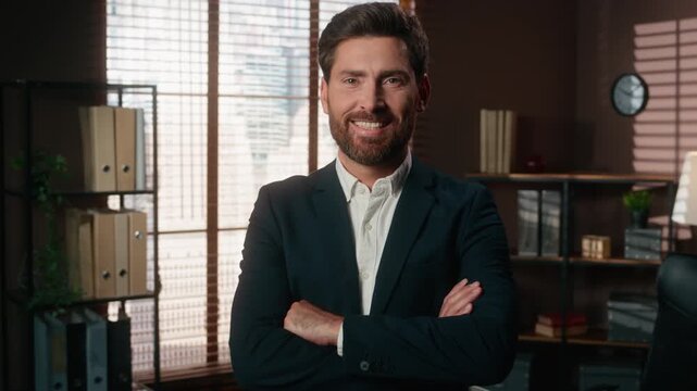 Caucasian serious middle-aged business man looking at camera changing mood smiling happy crossing hands businessman adult male candid employer with crossed arms posing manager smile working in office