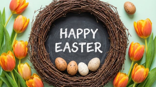 A beautiful spring composition featuring a woven twig nest surrounding a central chalkboard with Happy Easter written in white chalk, accompanied by delicate orange and yellow tulips on light green.