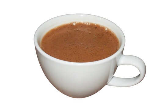 Hot coffee cup with rich crema foam surface in ceramic mug isolated transparent background, png