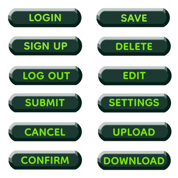 Elegant Dark Green Glossy 3D Form Action UI Button Set with Bright Lemon Green Typography Labels Login Sign Up Log Out Submit Cancel Confirm Save Delete Edit Settings Upload Download