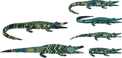 Fototapeta premium Alligators decorated with geometric patterns showcase a stylized collection of reptilian predators.