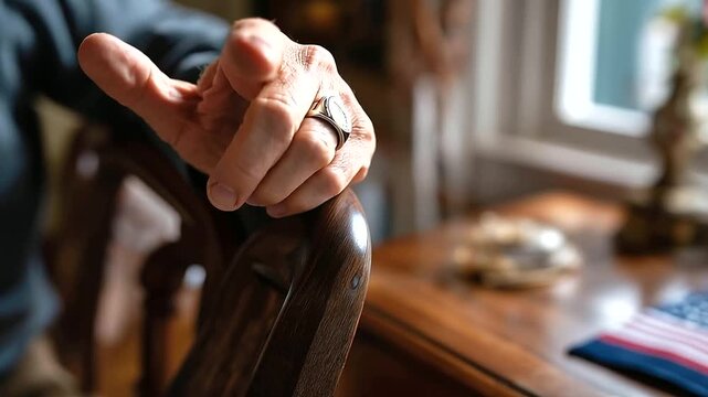 Close up of a military service ring with an insignia emblem on a hand resting on a dark wooden armrest of an old chair the ring worn thin with years of wear warm soft window