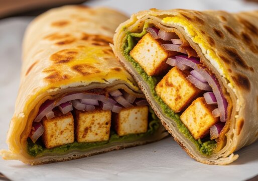 Delicious paneer kathi roll with fresh vegetables and green chutney